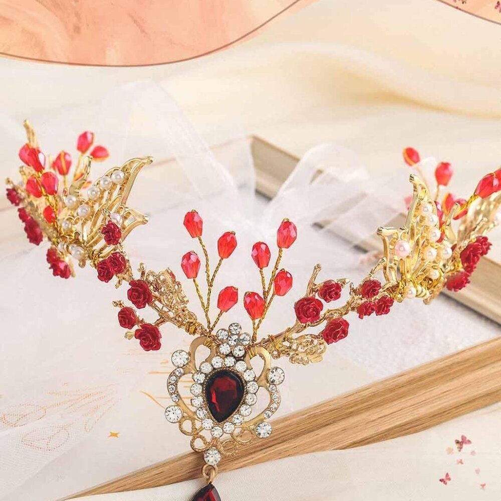 Red Fairy Headband Rhinestone Elf Headpiece for Women Cosplay Costume - Picture 5 of 7